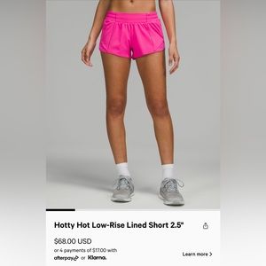 💓Lululemon Hotty Hot shorts Low rise 2.5” pink size 8💓